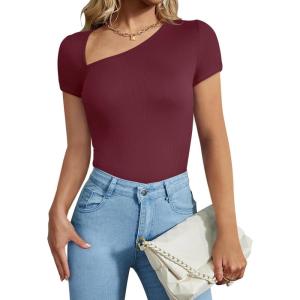 imageREORIA Womens Sexy Asymmetrical Neck Short Sleeve Ribbed Slimming Thong Bodysuit TopsBurgundy