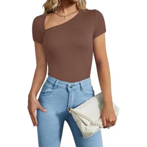 imageREORIA Womens Sexy Asymmetrical Neck Short Sleeve Ribbed Slimming Thong Bodysuit TopsCoffee