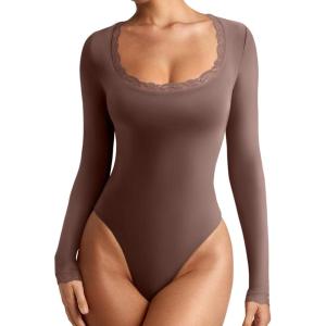 imageREORIA Womens Sexy Lace Scoop Neck Long Sleeve Double Lined Layering Slim Bodysuit TopsCoffee