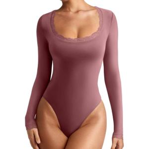 imageREORIA Womens Sexy Lace Scoop Neck Long Sleeve Double Lined Layering Slim Bodysuit TopsMasala
