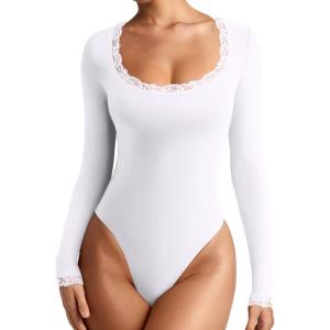 imageREORIA Womens Sexy Lace Scoop Neck Long Sleeve Double Lined Layering Slim Bodysuit TopsWhite