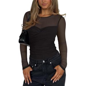 imageREORIA Womens Sexy Round Neck Long Sleeve Trendy Front Twist Knot Sheer Mesh Ruched Going Out Bodysuits TopsBlack