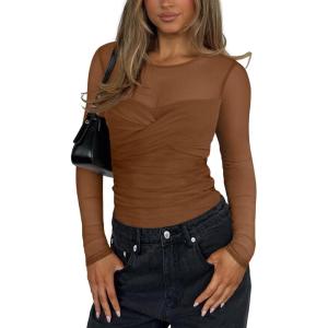 imageREORIA Womens Sexy Round Neck Long Sleeve Trendy Front Twist Knot Sheer Mesh Ruched Going Out Bodysuits TopsBrown