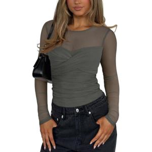 imageREORIA Womens Sexy Round Neck Long Sleeve Trendy Front Twist Knot Sheer Mesh Ruched Going Out Bodysuits TopsGrey Green