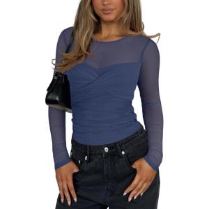imageREORIA Womens Sexy Round Neck Long Sleeve Trendy Front Twist Knot Sheer Mesh Ruched Going Out Bodysuits TopsStarry Blue