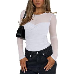 imageREORIA Womens Sexy Round Neck Long Sleeve Trendy Front Twist Knot Sheer Mesh Ruched Going Out Bodysuits TopsWhite