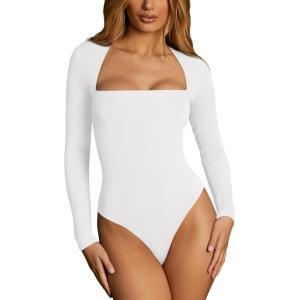 imageREORIA Womens Sexy Square Neck Double Lined Seamless Shirt Stretchy Long Sleeve Bodysuit TopsWhite