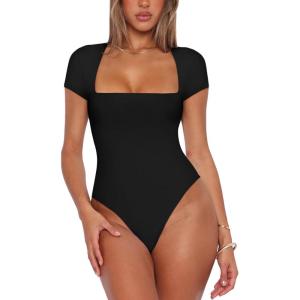 imageREORIA Womens Sexy Square Neck Double Lined Shirt Stretchy Basic Short Sleeve Going Out Thong Bodysuit TopsBlack