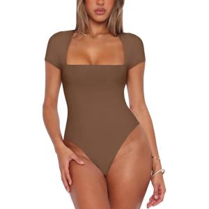 imageREORIA Womens Sexy Square Neck Double Lined Shirt Stretchy Basic Short Sleeve Going Out Thong Bodysuit TopsCoffee