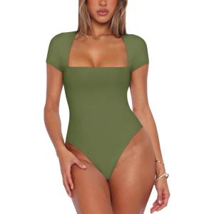 imageREORIA Womens Sexy Square Neck Double Lined Shirt Stretchy Basic Short Sleeve Going Out Thong Bodysuit TopsDark Green