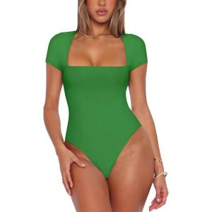 imageREORIA Womens Sexy Square Neck Double Lined Shirt Stretchy Basic Short Sleeve Going Out Thong Bodysuit TopsGreen