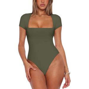 imageREORIA Womens Sexy Square Neck Double Lined Shirt Stretchy Basic Short Sleeve Going Out Thong Bodysuit TopsGrey Green
