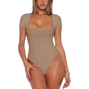 imageREORIA Womens Sexy Square Neck Double Lined Shirt Stretchy Basic Short Sleeve Going Out Thong Bodysuit TopsKhaki