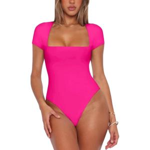 imageREORIA Womens Sexy Square Neck Double Lined Shirt Stretchy Basic Short Sleeve Going Out Thong Bodysuit TopsNeon Rose Red