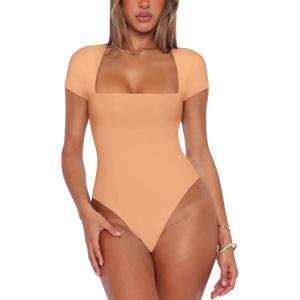 imageREORIA Womens Sexy Square Neck Double Lined Shirt Stretchy Basic Short Sleeve Going Out Thong Bodysuit TopsPeach Fuzz