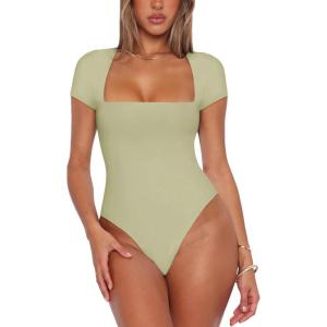 imageREORIA Womens Sexy Square Neck Double Lined Shirt Stretchy Basic Short Sleeve Going Out Thong Bodysuit TopsTender Green