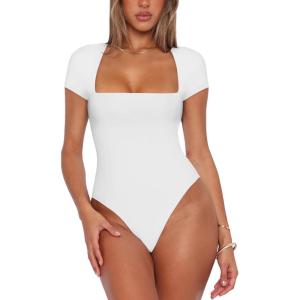 imageREORIA Womens Sexy Square Neck Double Lined Shirt Stretchy Basic Short Sleeve Going Out Thong Bodysuit TopsWhite