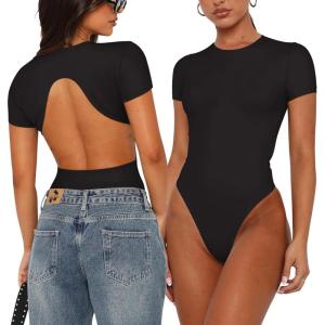 imageREORIA Womens Trendy Sexy Backless Body Suit Double Lined Crew Neck Short Sleeve Going Out Bodysuits TopsBlack