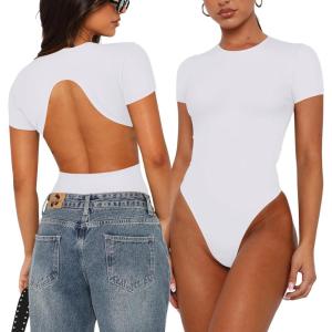 imageREORIA Womens Trendy Sexy Backless Body Suit Double Lined Crew Neck Short Sleeve Going Out Bodysuits TopsWhite