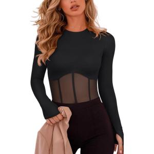imageREORIA Womens Trendy Sexy Crew Neck Thumbholes Long Sleeve Sheer Mesh Going Out Bodysuit TopsBlack