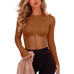 imageREORIA Womens Trendy Sexy Crew Neck Thumbholes Long Sleeve Sheer Mesh Going Out Bodysuit TopsBrown