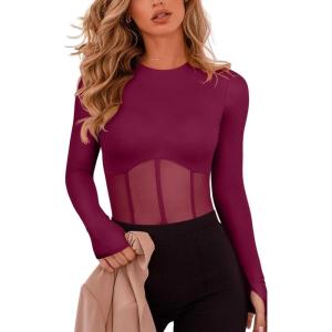 imageREORIA Womens Trendy Sexy Crew Neck Thumbholes Long Sleeve Sheer Mesh Going Out Bodysuit TopsBurdundy
