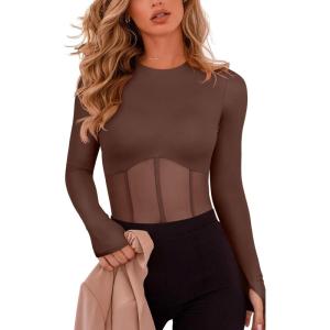 imageREORIA Womens Trendy Sexy Crew Neck Thumbholes Long Sleeve Sheer Mesh Going Out Bodysuit TopsCoffee
