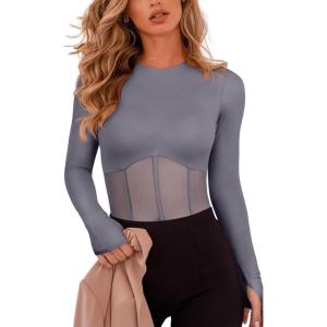 imageREORIA Womens Trendy Sexy Crew Neck Thumbholes Long Sleeve Sheer Mesh Going Out Bodysuit TopsDeep Grey