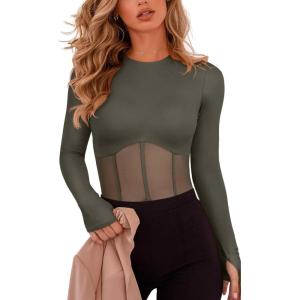 imageREORIA Womens Trendy Sexy Crew Neck Thumbholes Long Sleeve Sheer Mesh Going Out Bodysuit TopsGrey Green
