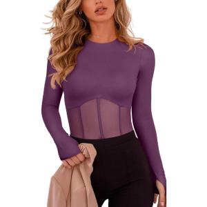 imageREORIA Womens Trendy Sexy Crew Neck Thumbholes Long Sleeve Sheer Mesh Going Out Bodysuit TopsPurple