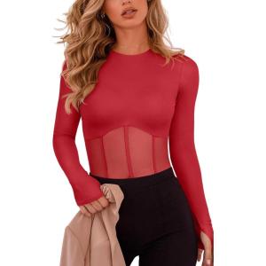 imageREORIA Womens Trendy Sexy Crew Neck Thumbholes Long Sleeve Sheer Mesh Going Out Bodysuit TopsRed
