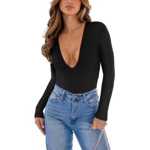 imageREORIA Womens Trendy Sexy Plunge Deep V Neck Long Sleeve Bodysuit Double Lined Going Out T Shirt TopsBlack