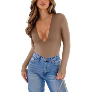 imageREORIA Womens Trendy Sexy Plunge Deep V Neck Long Sleeve Bodysuit Double Lined Going Out T Shirt TopsLatte