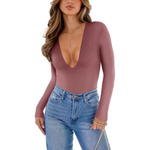 imageREORIA Womens Trendy Sexy Plunge Deep V Neck Long Sleeve Bodysuit Double Lined Going Out T Shirt TopsMarsala
