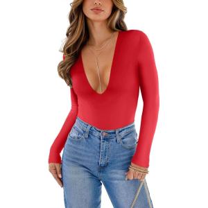 imageREORIA Womens Trendy Sexy Plunge Deep V Neck Long Sleeve Bodysuit Double Lined Going Out T Shirt TopsRed