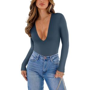 imageREORIA Womens Trendy Sexy Plunge Deep V Neck Long Sleeve Bodysuit Double Lined Going Out T Shirt TopsStar Blue
