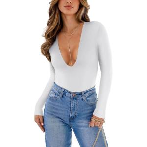 imageREORIA Womens Trendy Sexy Plunge Deep V Neck Long Sleeve Bodysuit Double Lined Going Out T Shirt TopsWhite