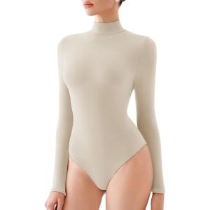 imageREORIA Womens Turtle Neck Long Sleeve Bodysuit Basic Slim Fit Double Lined Lightweight Layering Top for Fall ampamp WinterApricot