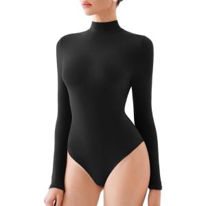 imageREORIA Womens Turtle Neck Long Sleeve Bodysuit Basic Slim Fit Double Lined Lightweight Layering Top for Fall ampamp WinterBlack