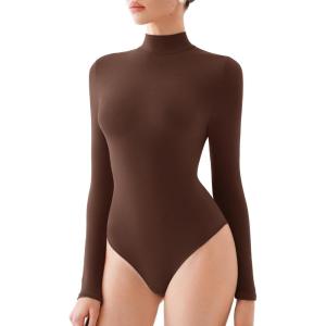 imageREORIA Womens Turtle Neck Long Sleeve Bodysuit Basic Slim Fit Double Lined Lightweight Layering Top for Fall ampamp WinterCoffee