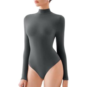 imageREORIA Womens Turtle Neck Long Sleeve Bodysuit Basic Slim Fit Double Lined Lightweight Layering Top for Fall ampamp WinterDark Grey