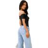 imageREORIA Women Sexy Off the Shoulder Short Sleeve Backless Basic Double Lined Thong Bodysuit TopsBlack Onyx