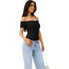 imageREORIA Women Sexy Off the Shoulder Short Sleeve Backless Basic Double Lined Thong Bodysuit TopsBlack Onyx