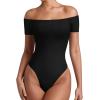 imageREORIA Women Sexy Off the Shoulder Short Sleeve Backless Basic Double Lined Thong Bodysuit TopsBlack Onyx