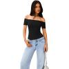 imageREORIA Women Sexy Off the Shoulder Short Sleeve Backless Basic Double Lined Thong Bodysuit TopsBlack Onyx