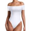 imageREORIA Women Sexy Off the Shoulder Short Sleeve Backless Basic Double Lined Thong Bodysuit TopsBrilliant White