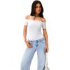 imageREORIA Women Sexy Off the Shoulder Short Sleeve Backless Basic Double Lined Thong Bodysuit TopsBrilliant White