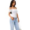 imageREORIA Women Sexy Off the Shoulder Short Sleeve Backless Basic Double Lined Thong Bodysuit TopsBrilliant White