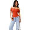 imageREORIA Women Sexy Off the Shoulder Short Sleeve Backless Basic Double Lined Thong Bodysuit TopsCherry Tomato