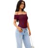 imageREORIA Women Sexy Off the Shoulder Short Sleeve Backless Basic Double Lined Thong Bodysuit TopsCordovan